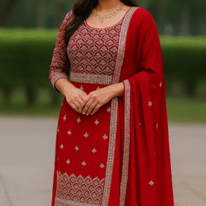 Royal Red Embroidered Straight-Cut Salwar Suit for Women